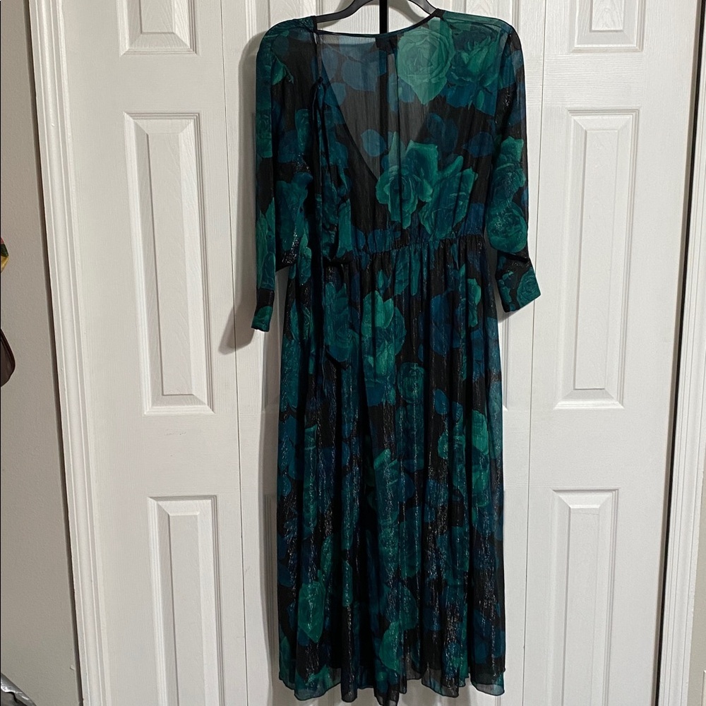 Festive Enfocus petite floral green & silver sparkle sheer lined dress size 14P - Picture 5 of 14